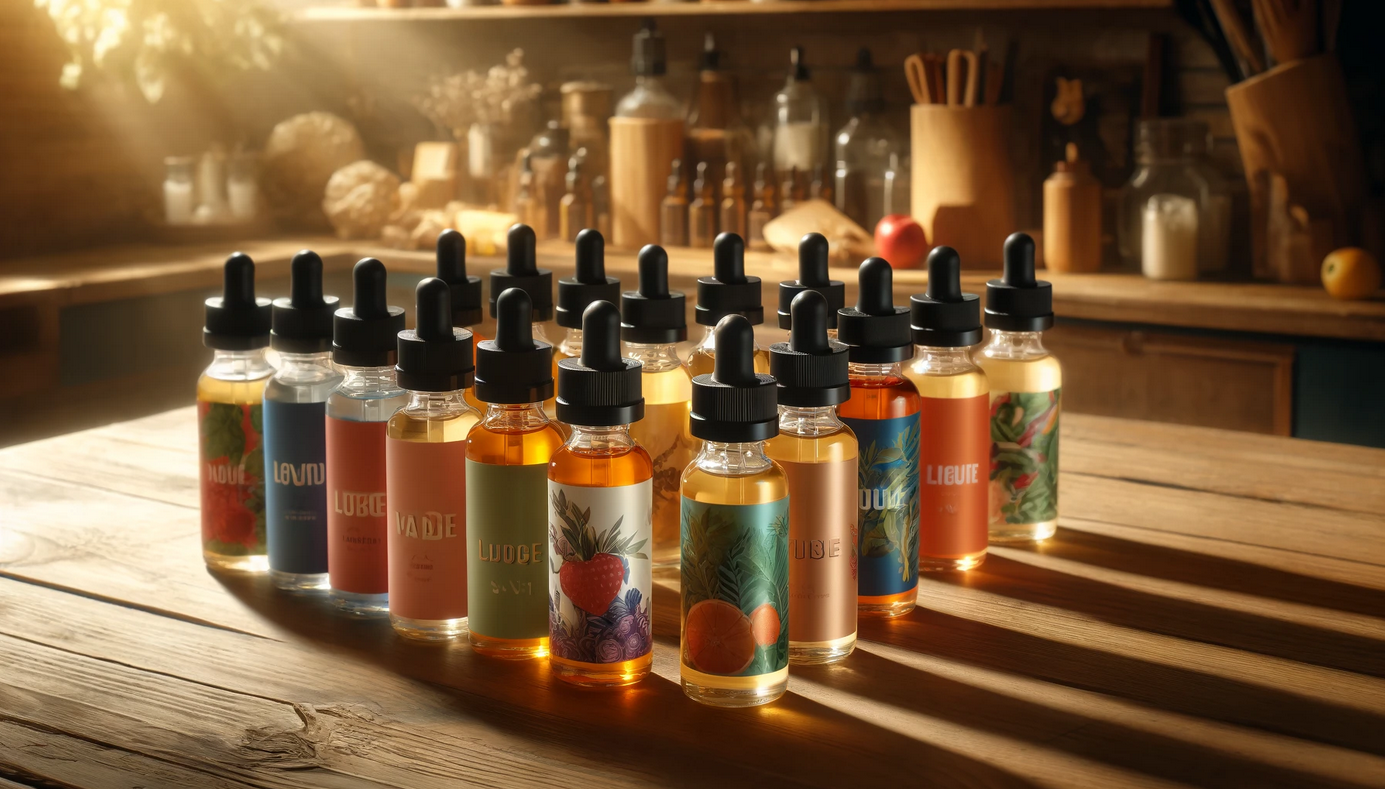 Ein gemütliches Foto mit einer Vielzahl von bunten E-Zigaretten-Aromaflaschen, die ordentlich auf einem Holztisch arrangiert sind.